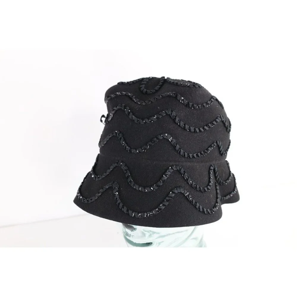 Vintage 50s Rockabilly Wool Felt Sequined Flower Bucket Hat Cap Black Womens USA - Picture 1 of 9